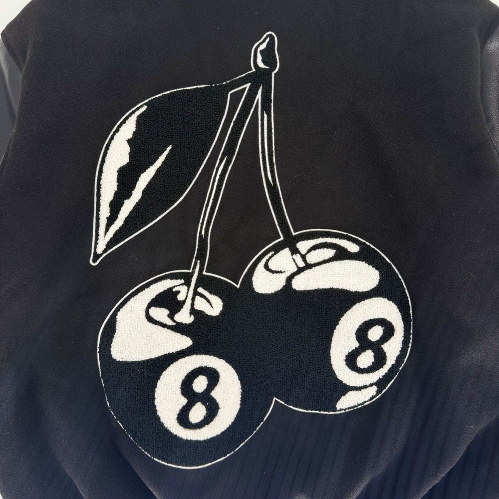 PacSun Varsity Jacket Small Black Faux Leather Cherry 8 Ball Bomber Coat S - Picture 6 of 10